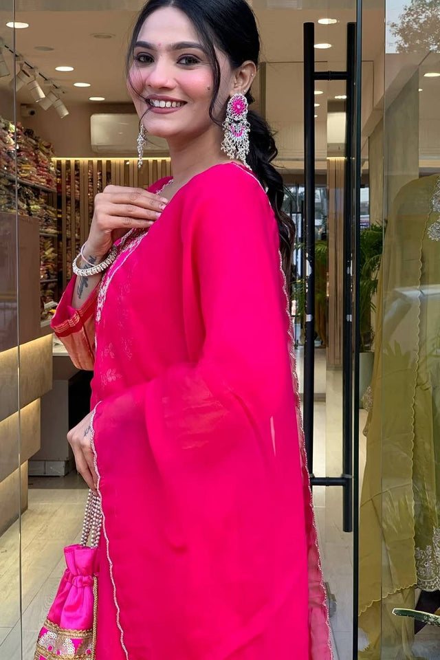 Pink Floral Embroidered Viscose Kurti Pant Set