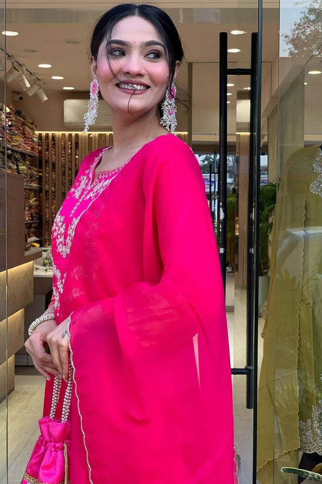 Pink Floral Embroidered Viscose Kurti Pant Set