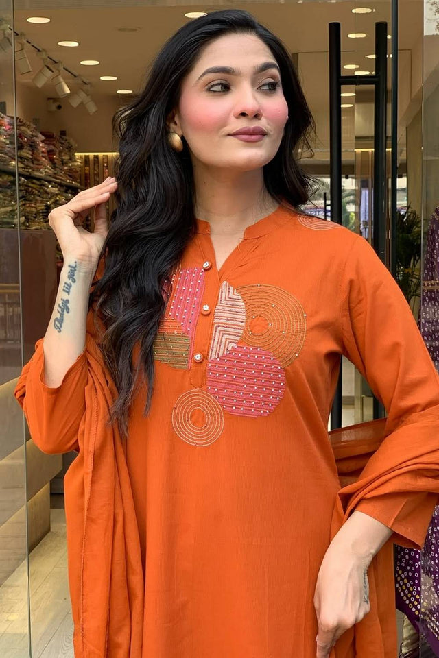 Orange Embroidered Rayon Straight Cut Suit Set