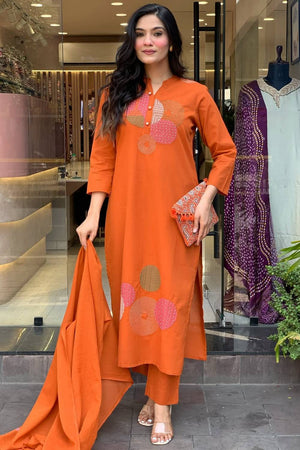 Orange Embroidered Rayon Straight Cut Suit Set