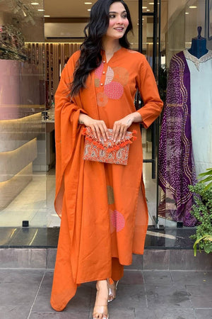 Orange Embroidered Rayon Straight Cut Suit Set