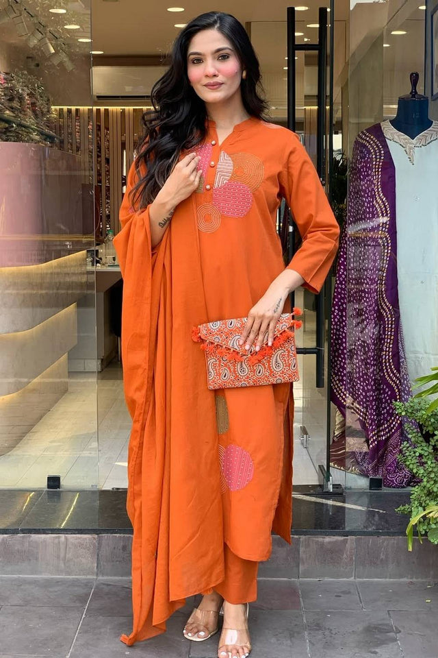 Orange Embroidered Rayon Straight Cut Suit Set