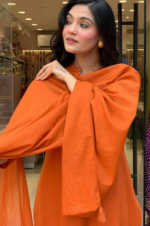 Orange Embroidered Rayon Straight Cut Suit Set