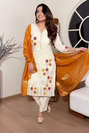 White Floral Embroidered Cotton Kurti Pant Set