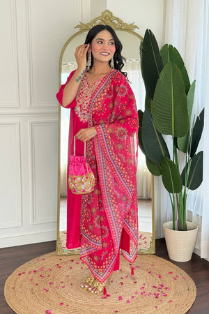 Pink Embroidered Viscose Kurti Pant Set