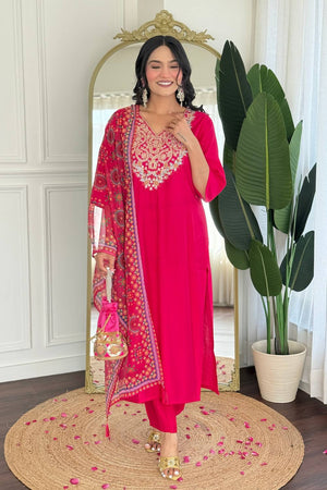 Pink Embroidered Viscose Kurti Pant Set