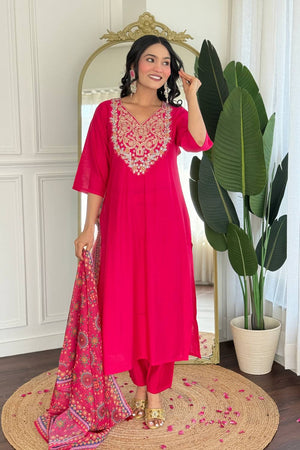 Pink Embroidered Viscose Kurti Pant Set