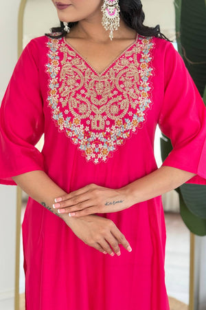 Pink Embroidered Viscose Kurti Pant Set
