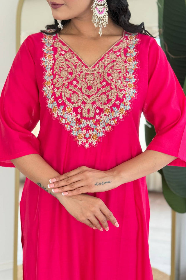 Pink Embroidered Viscose Kurti Pant Set