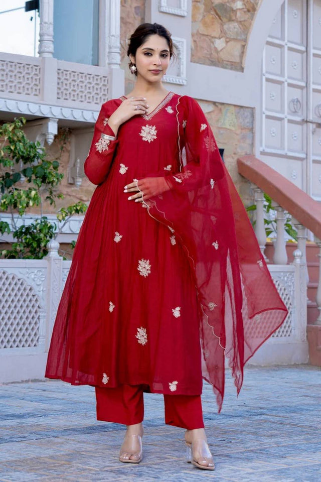 Red Embroidered Chanderi Anarkali Suit Set