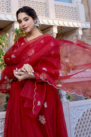 Red Embroidered Chanderi Anarkali Suit Set