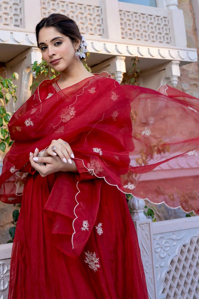 Red Embroidered Chanderi Anarkali Suit Set