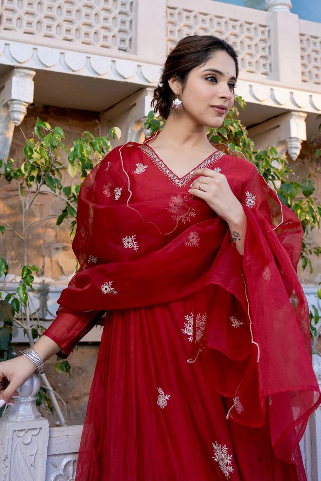 Red Embroidered Chanderi Anarkali Suit Set