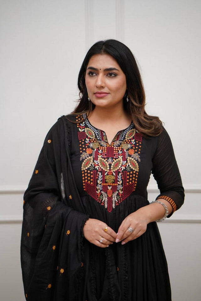 Black Embroidered Chanderi Anarkali Suit Set