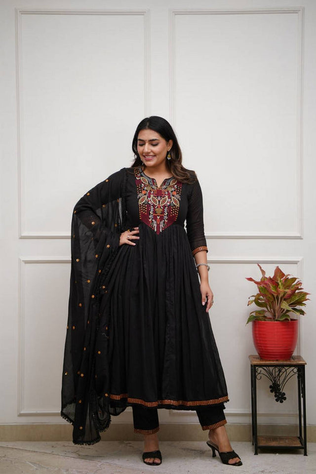 Black Embroidered Chanderi Anarkali Suit Set
