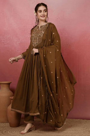 Mehendi Embroidered Chanderi Anarkali Suit Set