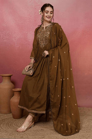 Mehendi Embroidered Chanderi Anarkali Suit Set