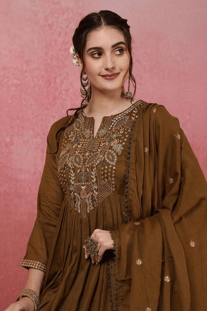 Mehendi Embroidered Chanderi Anarkali Suit Set