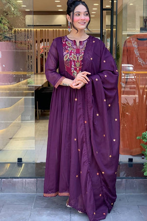 Wine Embroidered Chanderi Anarkali Suit Set