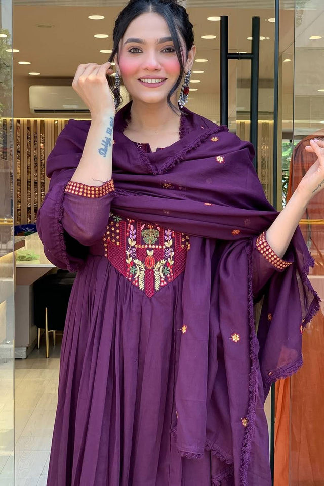 Wine Embroidered Chanderi Anarkali Suit Set