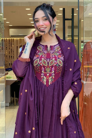 Wine Embroidered Chanderi Anarkali Suit Set
