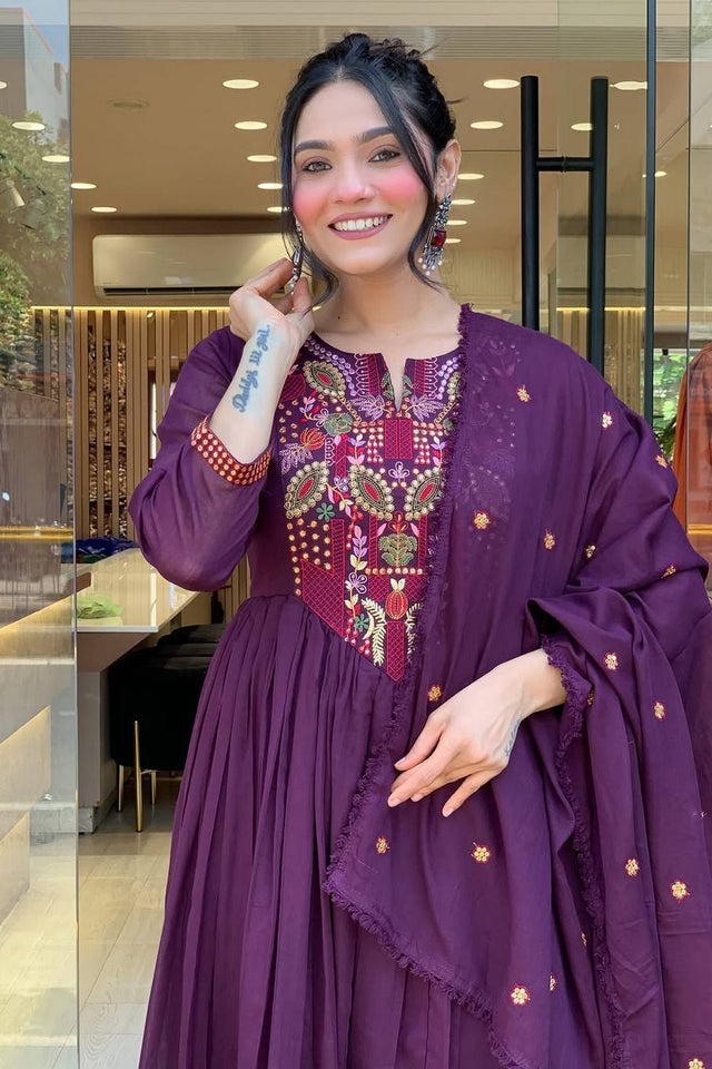 Wine Embroidered Chanderi Anarkali Suit Set