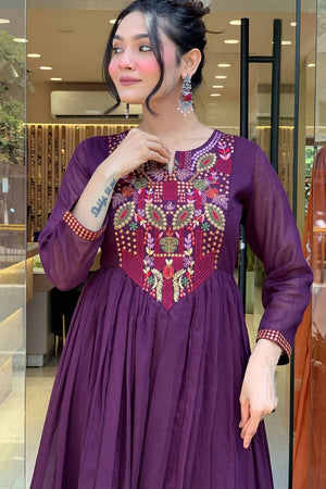 Wine Embroidered Chanderi Anarkali Suit Set