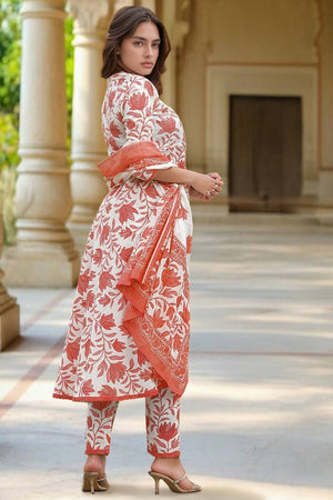 White Floral Printed Cotton Anarkali Suit Set