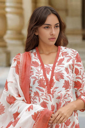 White Floral Printed Cotton Anarkali Suit Set