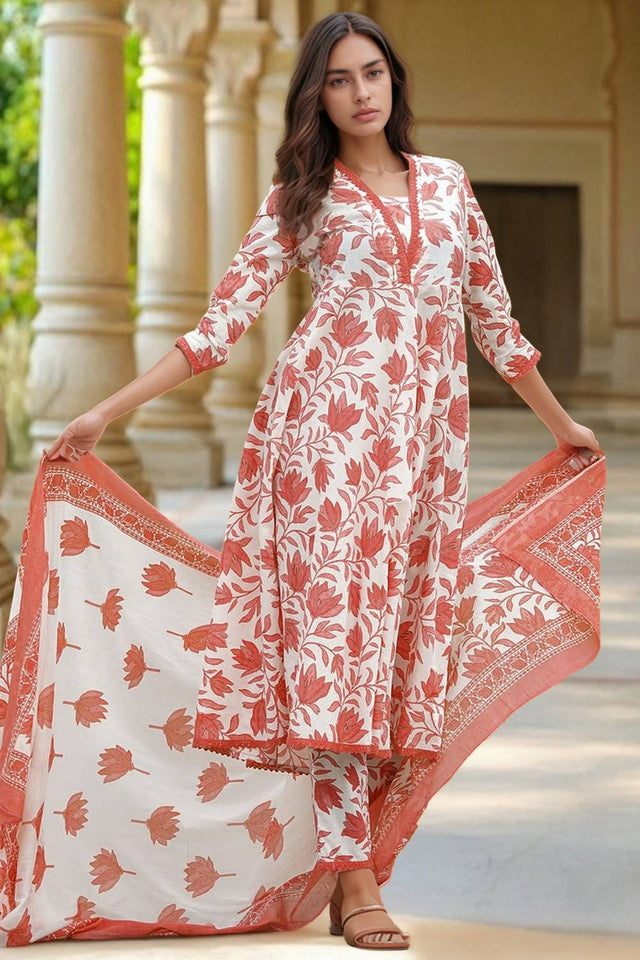 White Floral Printed Cotton Anarkali Suit Set