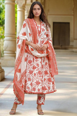 White Floral Printed Cotton Anarkali Suit Set