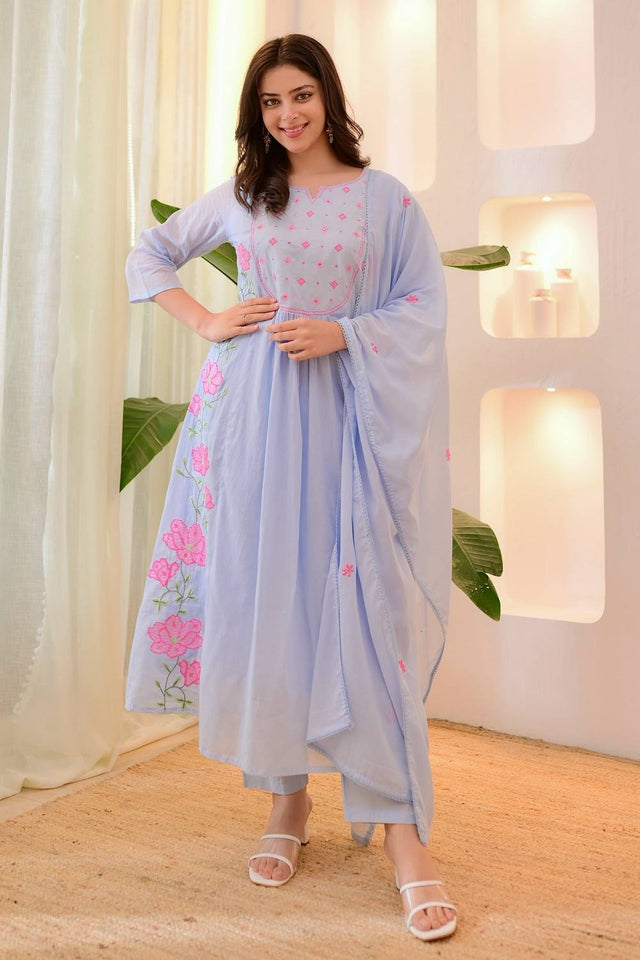 Lavender Floral Embroidered Silk Anarkali Suit Set