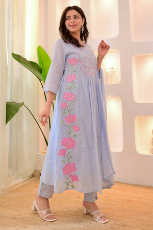 Lavender Floral Embroidered Silk Anarkali Suit Set