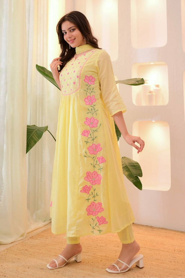 Yellow Floral Embroidered Silk Anarkali Suit Set