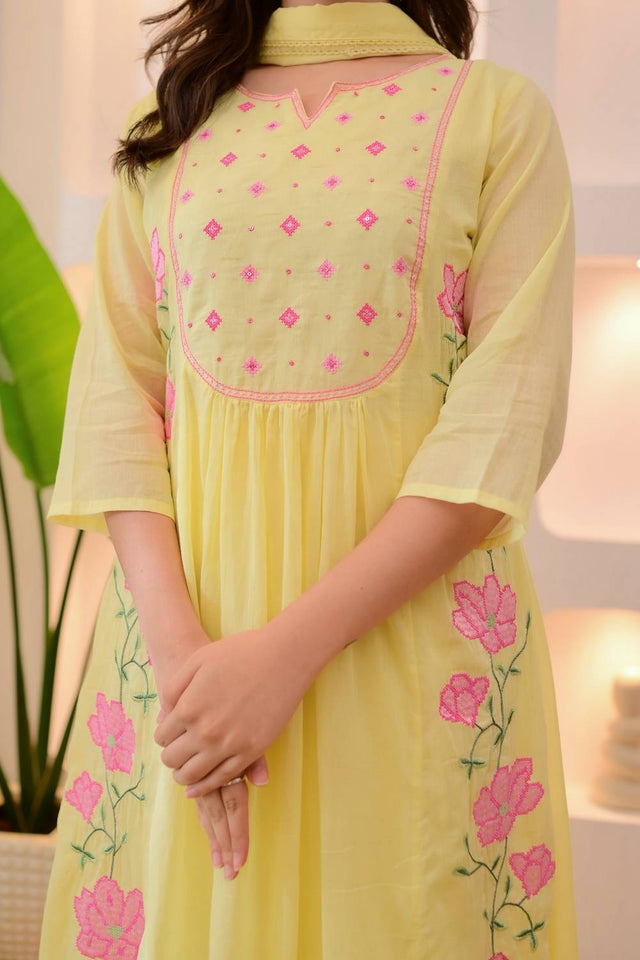 Yellow Floral Embroidered Silk Anarkali Suit Set