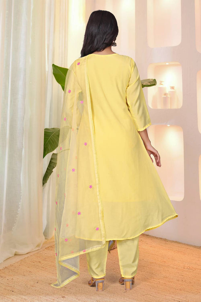 Yellow Floral Embroidered Silk Anarkali Suit Set