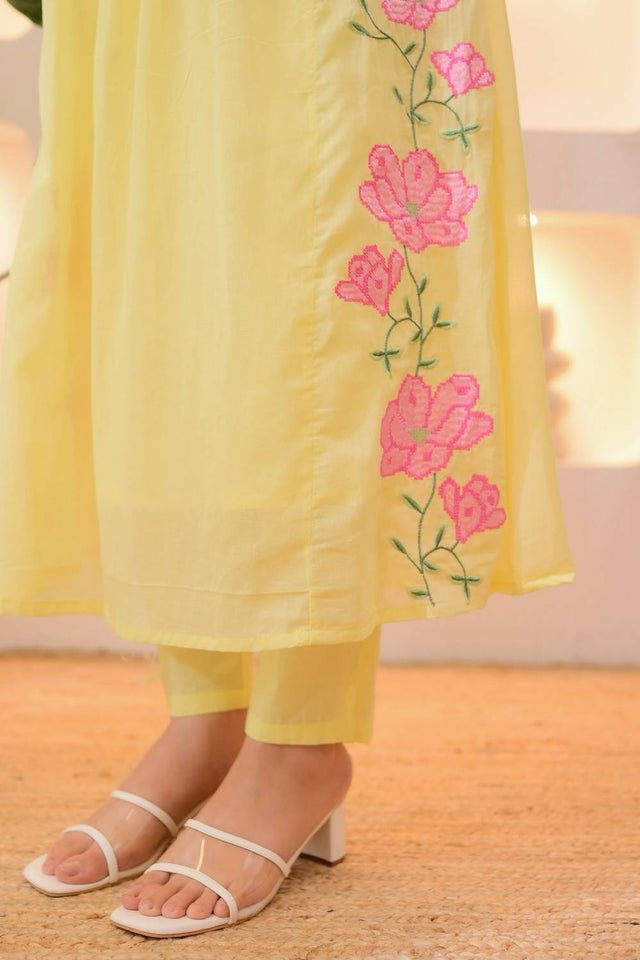 Yellow Floral Embroidered Silk Anarkali Suit Set