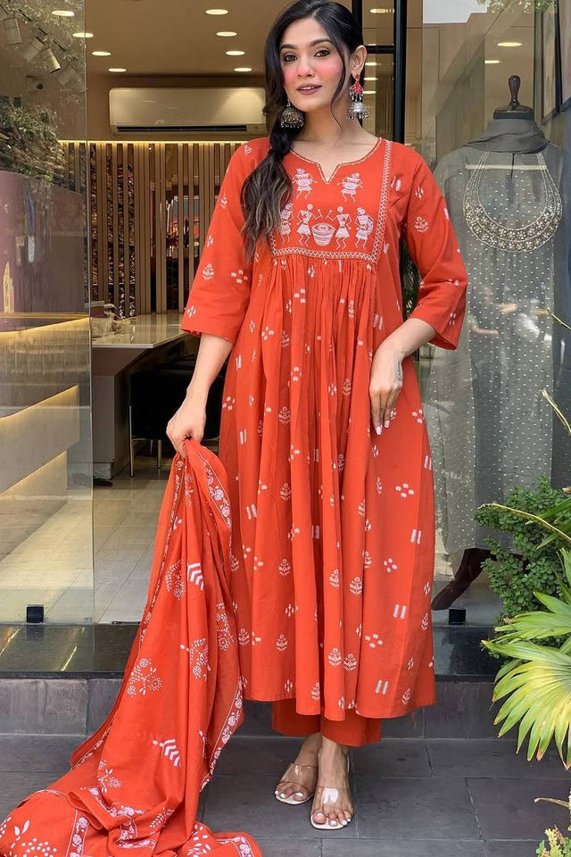 Orange Embroidered Cotton Anarkali Suit Set