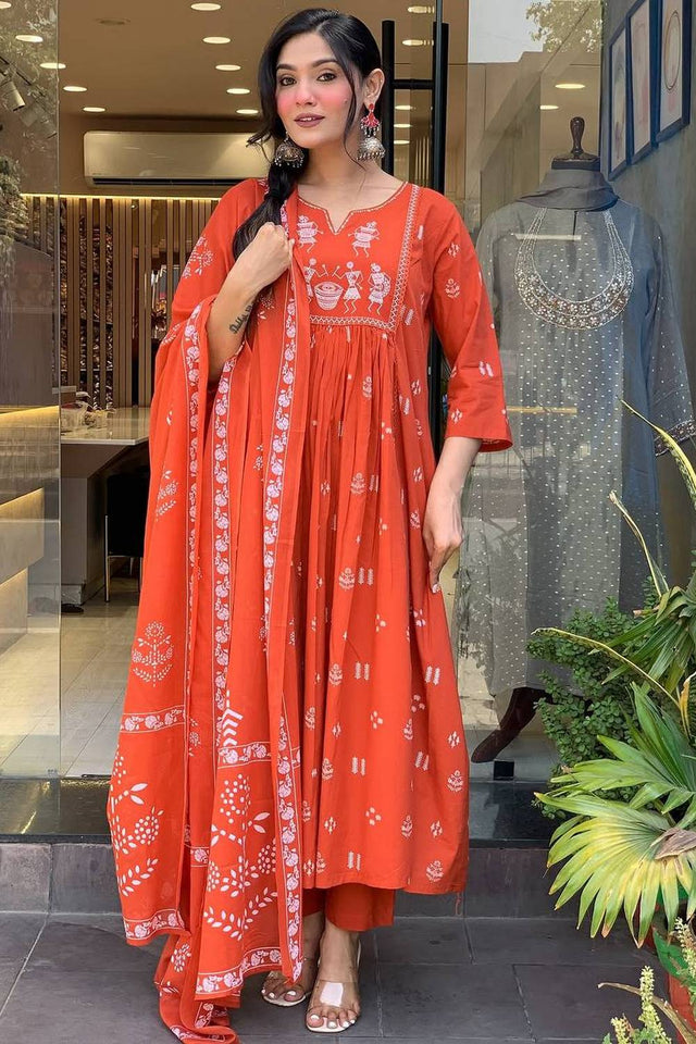 Orange Embroidered Cotton Anarkali Suit Set