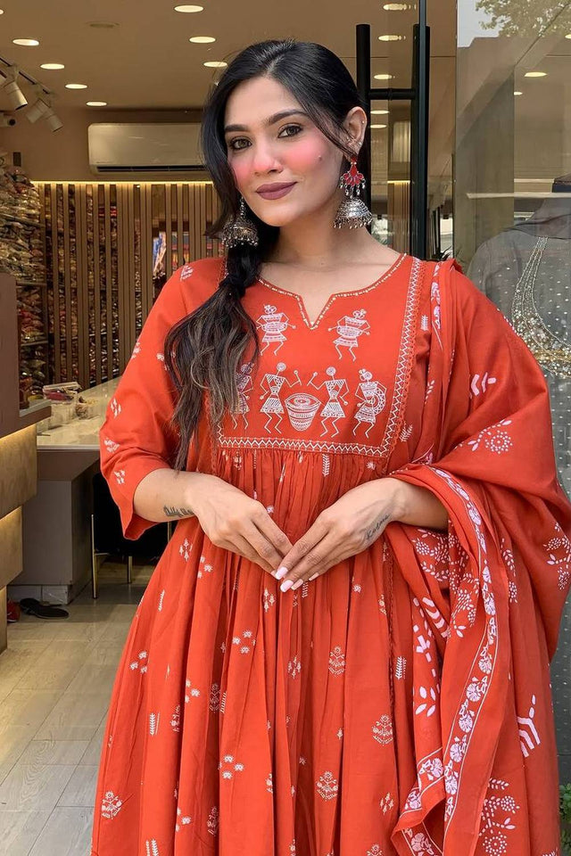 Orange Embroidered Cotton Anarkali Suit Set