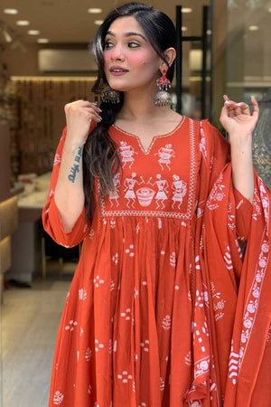 Orange Embroidered Cotton Anarkali Suit Set