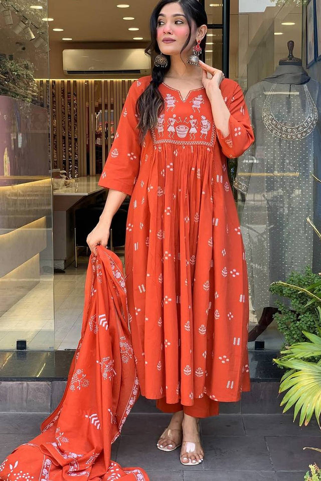 Orange Embroidered Cotton Anarkali Suit Set