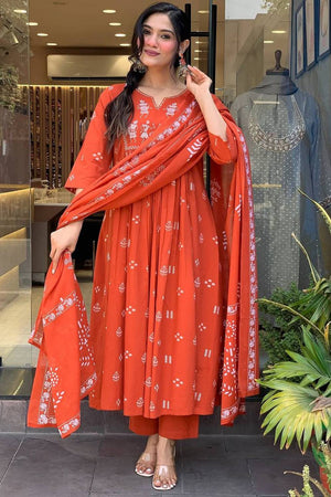 Orange Embroidered Cotton Anarkali Suit Set