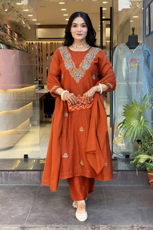 Orange Embroidered Silk Anarkali Suit Set