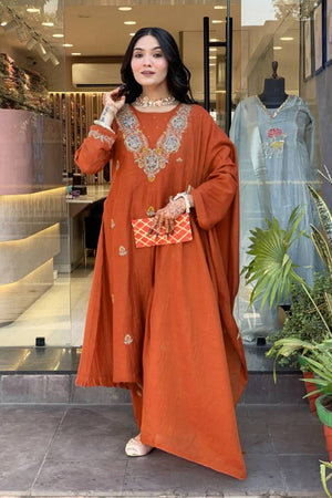 Orange Embroidered Silk Anarkali Suit Set