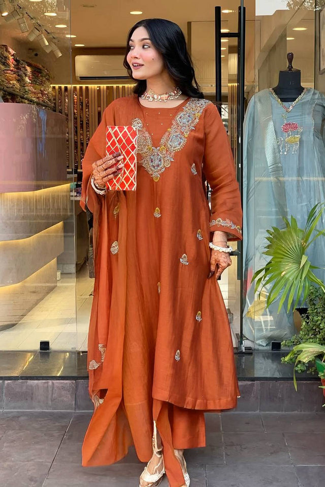 Orange Embroidered Silk Anarkali Suit Set