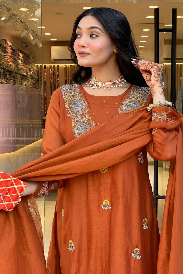 Orange Embroidered Silk Anarkali Suit Set