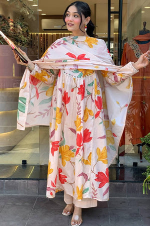 Multi-Color Floral Printed Cotton Anarkali Suit Set