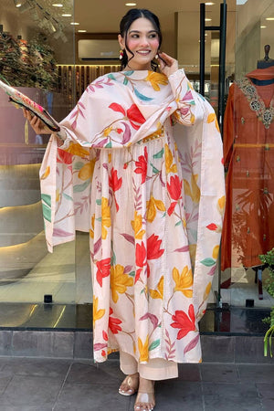 Multi-Color Floral Printed Cotton Anarkali Suit Set