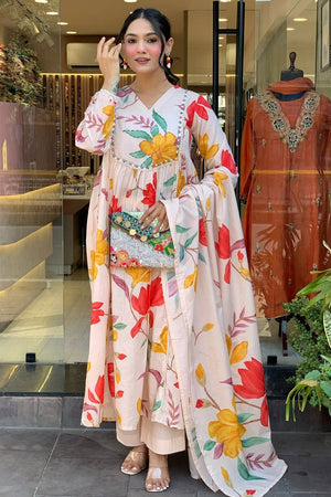 Multi-Color Floral Printed Cotton Anarkali Suit Set